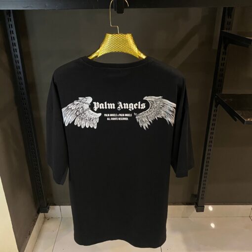 PALM ANGELS BLACK TSHIRT WHITE WINGS PRINT - Image 2