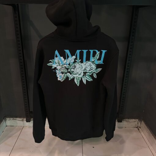 AMIRI BLACK HOODIE WHITE BLUE FLOWER PRINT - Image 2