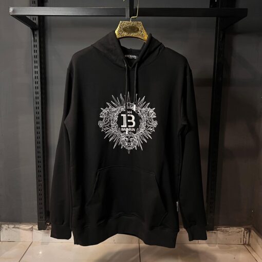 BALMAIN BLACK HOODIE WHITE EMBROIDERED