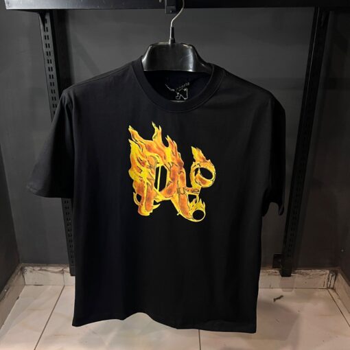 PALM ANGELS BLACK TSHIRT FIRE PRINT