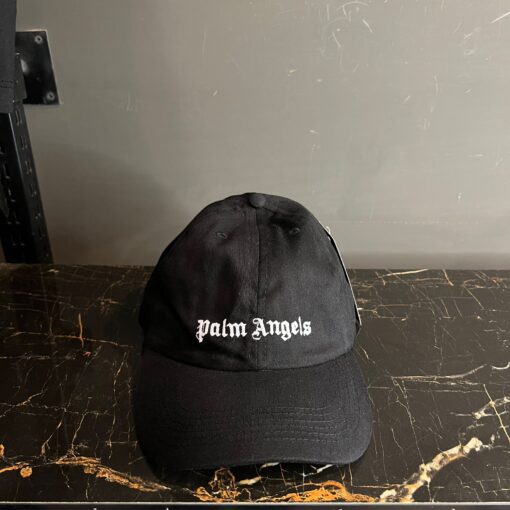 PALM ANGELS BLACK CAP WHITE EMBROIDERD