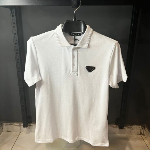 Prada Logo embellished terry white polo shirt