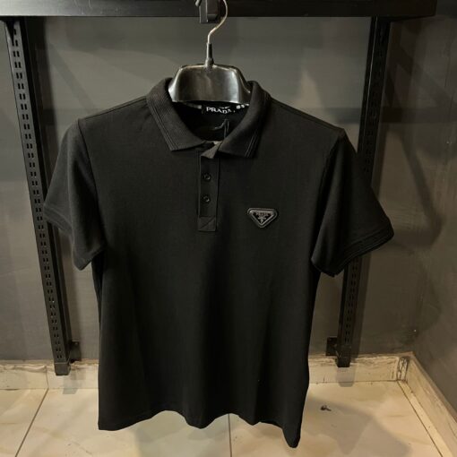 Prada Logo embellished terry black polo shirt