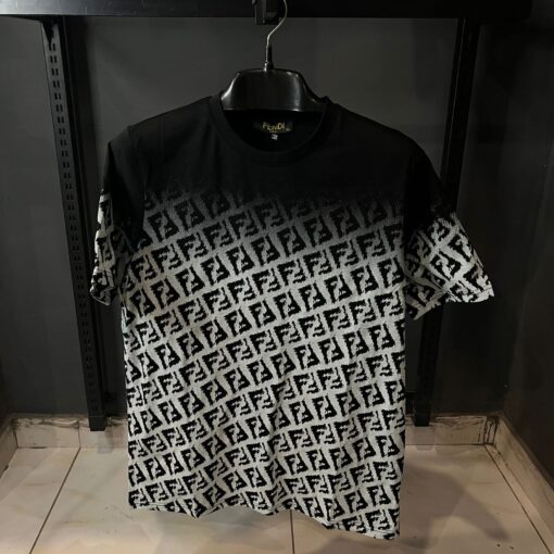 FENDI BLACK TSHIRT ALL OVER WHITE PRINT