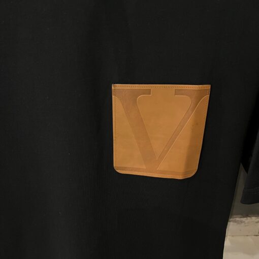 Valentino Black Tshirt Brown Leather Pocket - Image 2