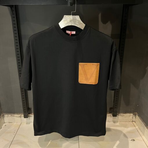 Valentino Black Tshirt Brown Leather Pocket