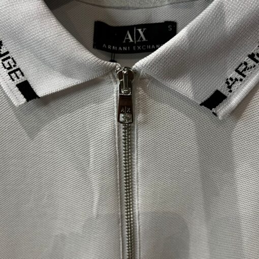 Armani Exchange logo tipped collar and cuff zip neck pique polo in off white - Image 4