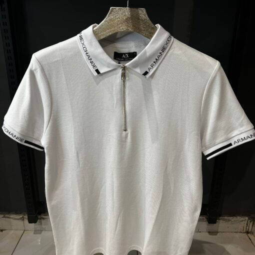 Armani Exchange logo tipped collar and cuff zip neck pique polo in off white - Image 2