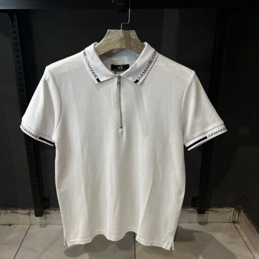 Armani Exchange logo tipped collar and cuff zip neck pique polo in off white