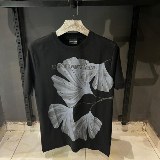 Emporio Armani Mens Grey Jersey Tshirt With Stylised Flower Print