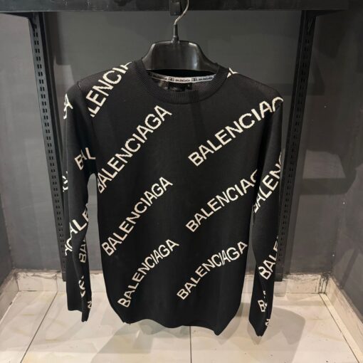 Balenciaga Allover Logo Sweater in Black and White Wool Knit