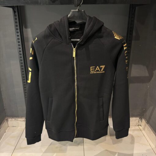 EA7 Emporio Armani Mens Hoodie With Arm Logo In Black Gold