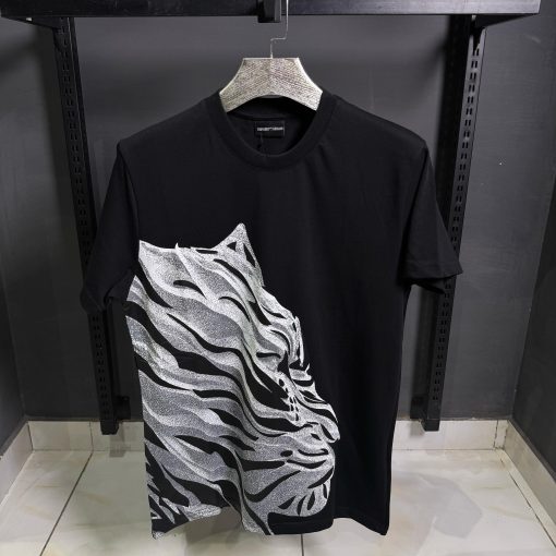 Emporio Armani Silver Tiger Print  Black T Shirt