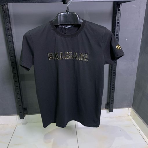 Balmain Embroidered  Front Logo Black T Shirt