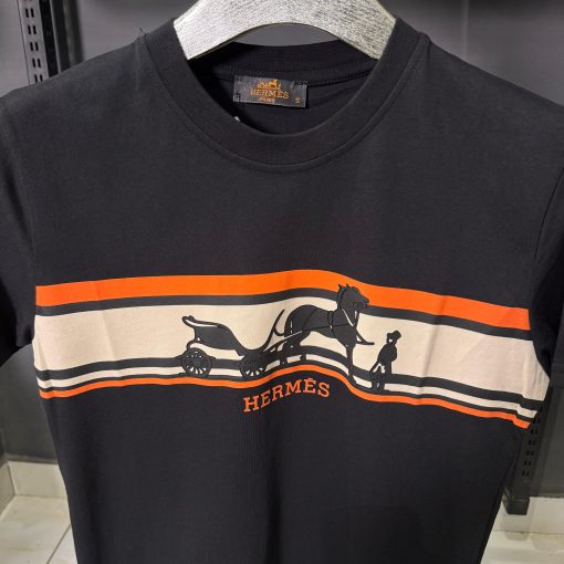 Hermes Black Classic Striped T Shirt - Image 2
