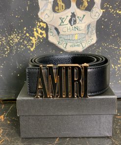 AR Black Leather Belt Gold Logo Buckle