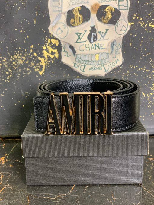 AR Black Leather Belt Gold Logo Buckle