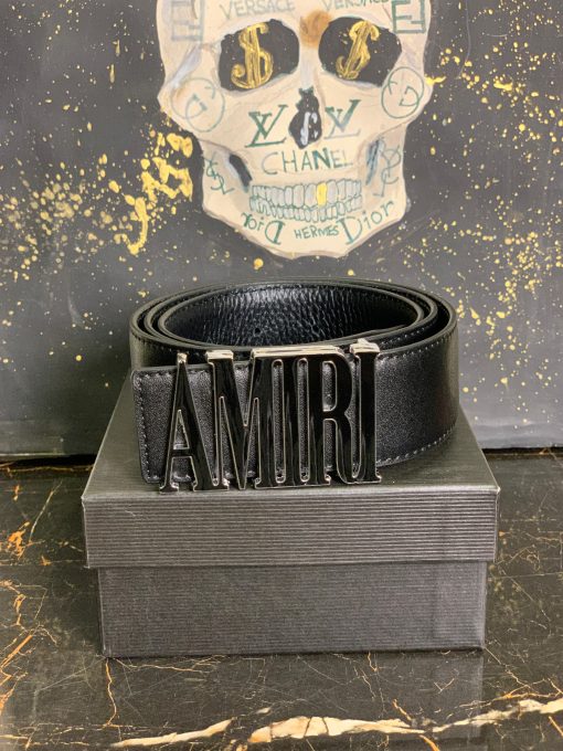 AR Black Leather Belt Silver Logo Buckle