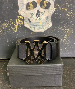 AR Mens Leather Belt Gold Logo Buckle