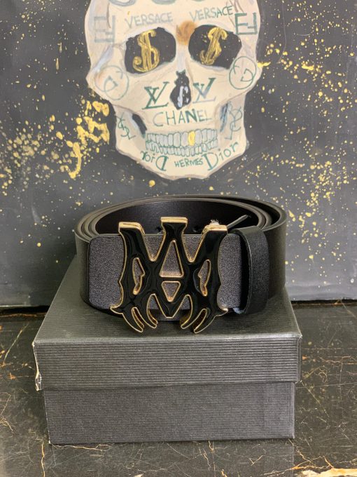 AR Mens Leather Belt Gold Logo Buckle
